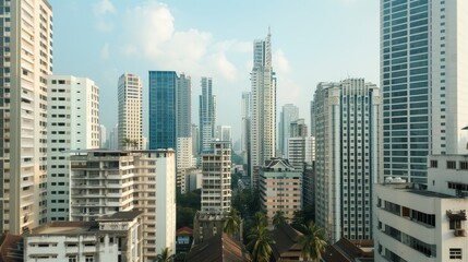 Obraz premium A bustling modern city with ancient temples, people practicing traditional rituals amidst skyscrapers, blending the old with the new in a harmonious urban scene