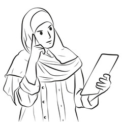 muslim woman look thinking pose line art cartoon illustration