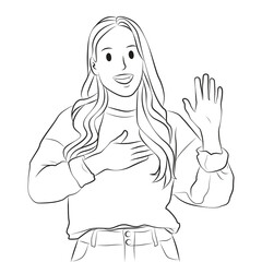 honest smiling woman promise pose line art cartoon illustration