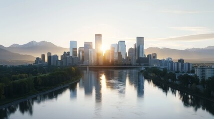 Fototapeta premium A panoramic view of a mountain city skyline at sunrise, with towering skyscrapers juxtaposed against the natural beauty of surrounding peaks, and a calm river flowing through the city