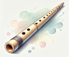 Naklejka premium Watercolor Illustration of a Traditional Wooden Flute.