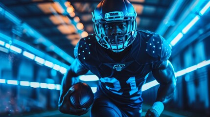 Focused American Football Player Charges Forward in Dramatic Blue Lighting, Ready for Game Time