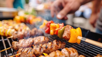Naklejka premium A vibrant outdoor barbecue scene where someone is grilling mouth-watering kebabs and skewers, featuring juicy meat pieces and assorted colorful vegetables on a hot grill.