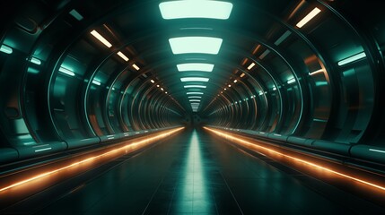 Fototapeta premium A Futuristic, Neon-Lit Tunnel with a Symmetrical Design and Glowing Pathway, Depicting Modern, High-Tech Architecture in a Sci-Fi Setting