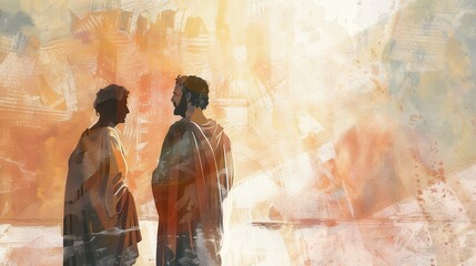 Obraz premium Biblical Illustration of Apostle John Receiving Visions on Island of Patmos Inspiration and Revelation Beige Background and Copyspace