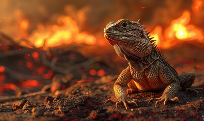 Fototapeta premium A resilient lizard stands on charred ground with flames in the background, symbolizing adaptation and survival in a harsh environment.