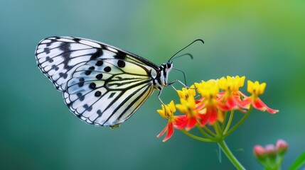 Obraz premium A beautiful butterfly with black and white wings delicately perched on vibrant flowers against a blurred green background.