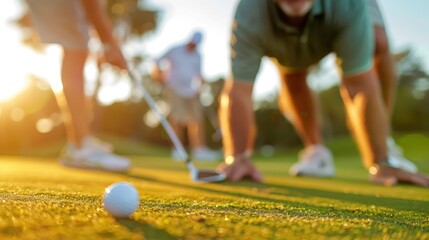 A golfer bending down and meticulously aligning their shot, emphasizing precision and concentration as they aim to hit the golf ball strategically on the putting green.
