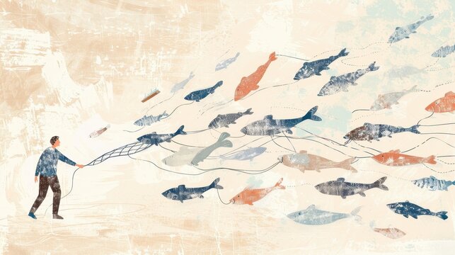 Biblical Illustration of Man Casting Fishing Net and Gathering Various Fish Parable of Judgment and Inclusivity Beige Background and Copyspace