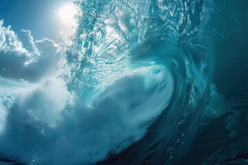A surfer riding a large wave, with the sun shining brightly in the background. 