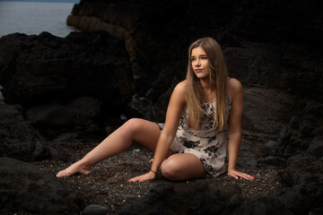 Obraz premium Summer Swimwear Shoot in Dunure Scotland, Bikini Swimsuit, Rocks, Portraits, Fashion, Editorial 