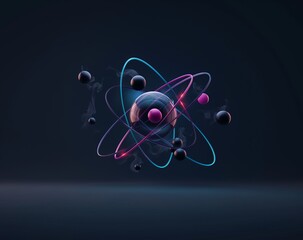 Futuristic Abstract Atom Model with Glowing Particles, Quantum Energy
