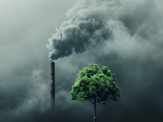 A green tree stands in stark contrast to an industrial smokestack emitting thick smoke, highlighting environmental issues.