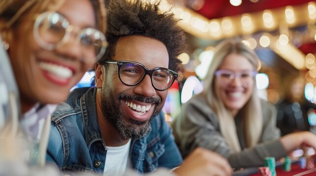 Three friends are having a fun casino night, smiling and laughing as they sit close together at a gaming table with chips, under the vibrant casino lights.