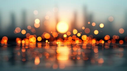A beautiful arrangement of warm bokeh lights with the setting sun illuminating a blurred city skyline in the background, merging natural beauty with urban sophistication.