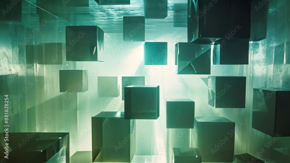 Poster abstract depiction of various cubes suspended in a room, creating a surreal and geometric visual, lu