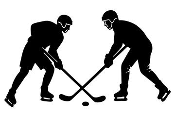 Two hockey players facing off, sticks on the ice vector silhouette 