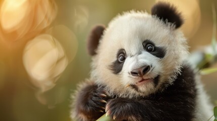 An adorable panda cub is seen hanging onto a bamboo shoot in a picturesque natural setting, capturing the innocence and charm characteristic of young wildlife in lush surroundings.
