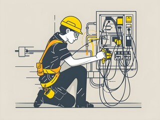 Electrical engineer solving electrical problems in the cable vault, flat design illustration.