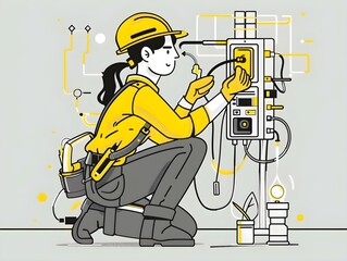 Female electrical engineer. Testing electrical equipment. Flat design illustration.