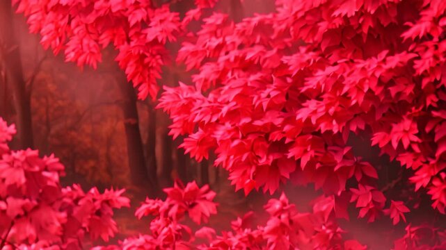 Vibrant red forest teeming with numerous leaves in a lush and thriving ecosystem, Lush and velvety red colors saturating the scene