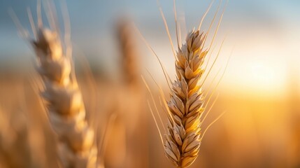 A close-up of golden wheat ears gleaming in the morning sun. This image showcases the detailed textures of the wheat and symbolizes growth, harvest, and abundance in nature.