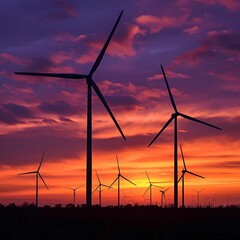 "Wind turbines at sunset generating renewable energy"