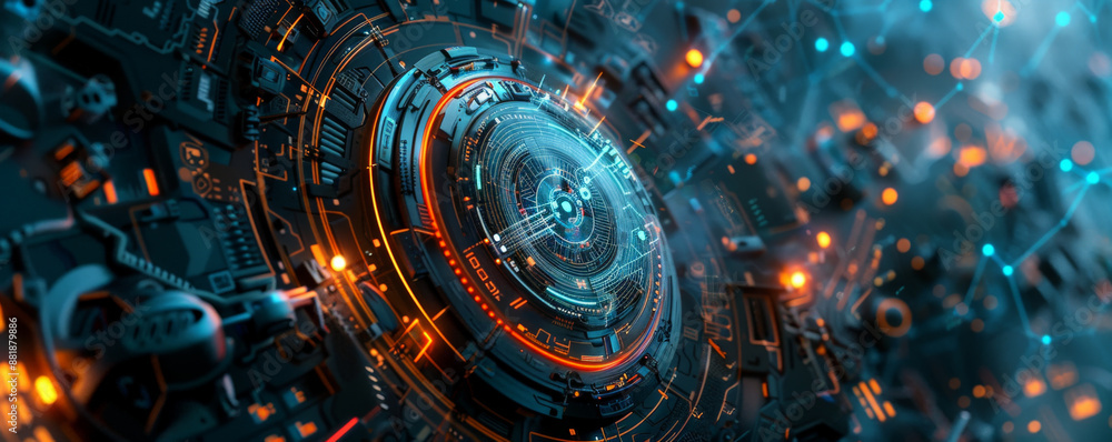 Poster a futuristic mechanical background with digital interfaces, robotic components, and illuminated circ