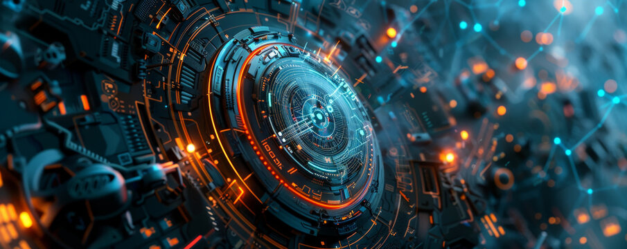 A futuristic mechanical background with digital interfaces, robotic components, and illuminated circuits, emphasizing cutting-edge technology.