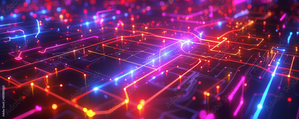 Poster a futuristic energetic background with luminous circuits and glowing nodes interconnected by bright 