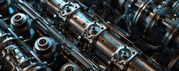 Fototapeta premium A mechanical background featuring the inner workings of an engine, with detailed pistons, crankshafts, and valves, highlighting mechanical precision.