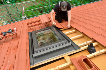 Dachfenster wird in ein neu zu deckendes Ziegeldach eingebaut