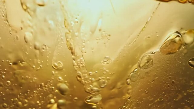 Champagne golden bubbles flowing. macro champagne bubbles texture on soft gold background. 4k video Celebrate background