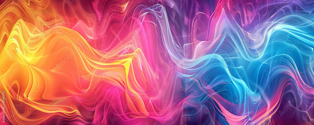 Poster a vivid backdrop featuring a spectrum of neon colors in swirling, wave-like patterns, creating a sen