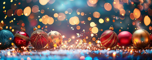 A festive background with sparkling lights, glitter, and colorful ornaments, creating a joyful and lively atmosphere with ample copy space.