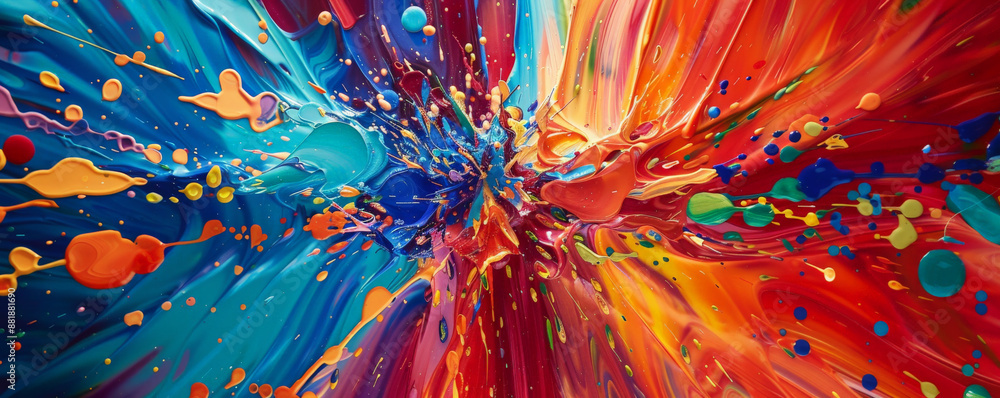 Poster A vivid backdrop with a burst of colorful paint splashes in vibrant reds, blues, and yellows, creating an energetic and dynamic scene.