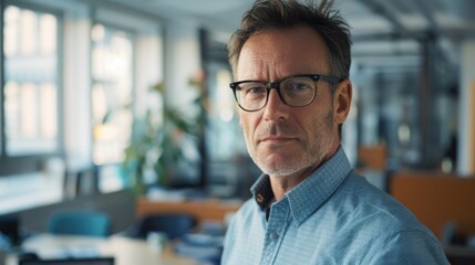 Obraz premium A portrait of a man with glasses and a blue shirt, suitable for use in editorial or business settings