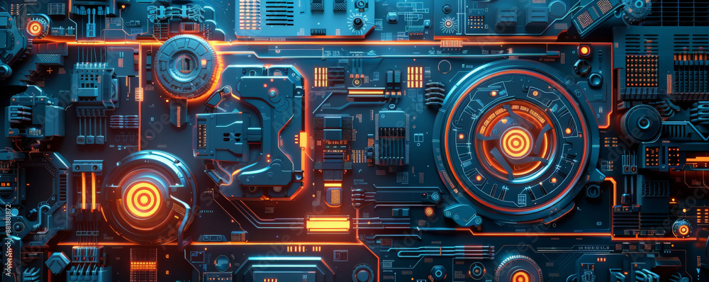 Poster a futuristic mechanical background with robotic components, advanced circuits, and metallic textures