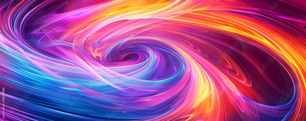 Poster a vivid backdrop showcasing a spectrum of neon colors in swirling, wave-like patterns, creating an e