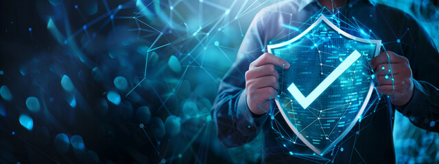 Businessman holding virtual shield and check mark symbol for data protection on blue background, business concept of digital security system with technology network connection , text space for copy sp