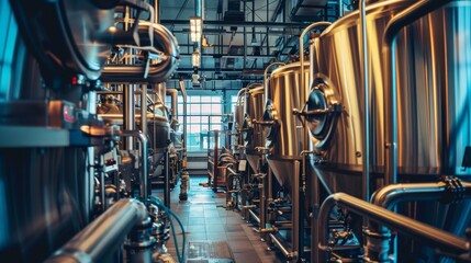 Industrial Brewery Interior with Stainless Steel Tanks