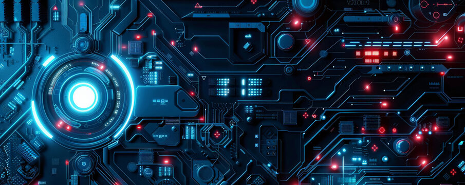 A futuristic mechanical background with digital interfaces, robotic components, and illuminated circuits, emphasizing cutting-edge technology.