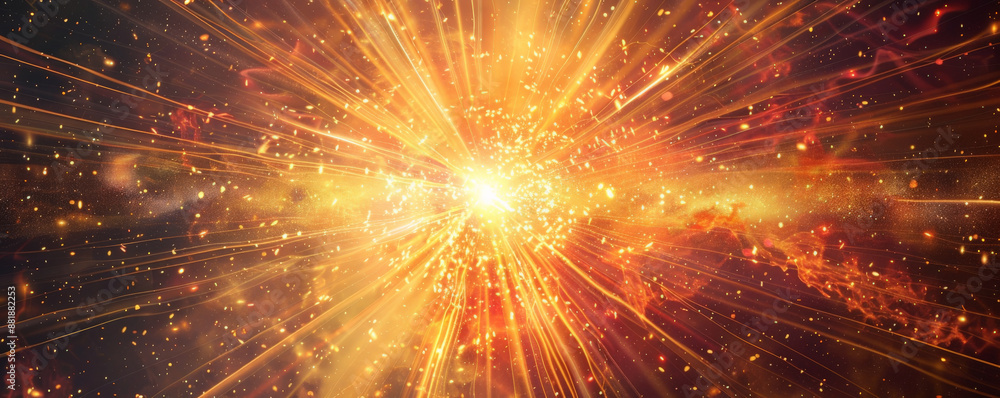 Poster an intense energetic background with a central explosion of light with rays and particles radiating 