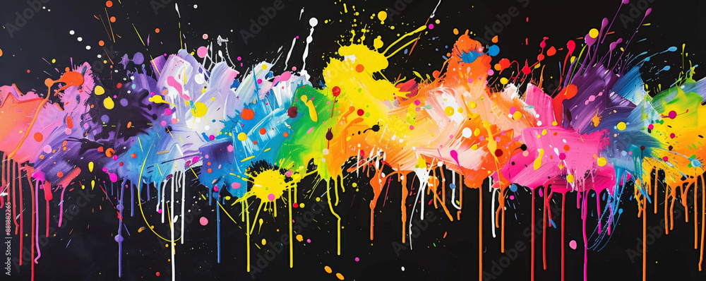 Poster a vivid backdrop with a dynamic explosion of colorful paint splatters and drips, creating an energet