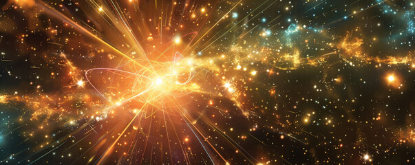 Obraz premium A vibrant energy background with bright, glowing lines and sparks emanating from a central point, surrounded by a dark, starry backdrop.