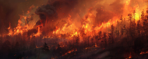 A background of wildfire spreading across a forest, with towering flames and dense smoke creating a scene of devastation.