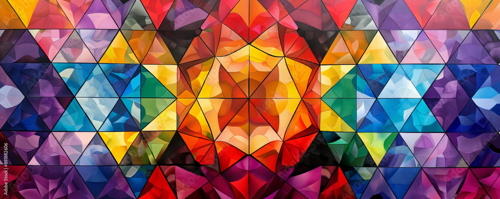 Poster a vivid backdrop showcasing a kaleidoscope of geometric shapes in a spectrum of vibrant colors, crea