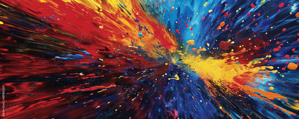 Poster a vivid backdrop with a burst of colorful paint splashes in vibrant reds, blues, and yellows, creati