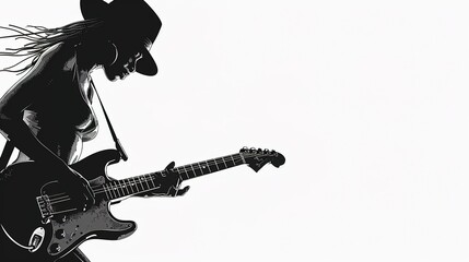person in shades playing a guitar, wallpaper background for presentations with copy space