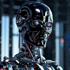 Portrait of a Futuristic Black Cyborg with Red Eyes and Exposed Mechanics, Digital Art